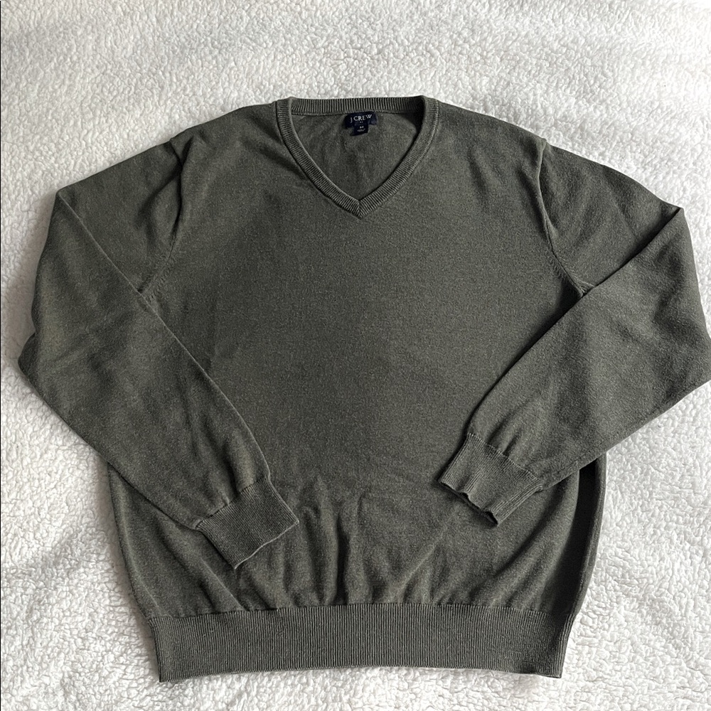 Men’s Olive Green Cotton V-Neck Sweater, M